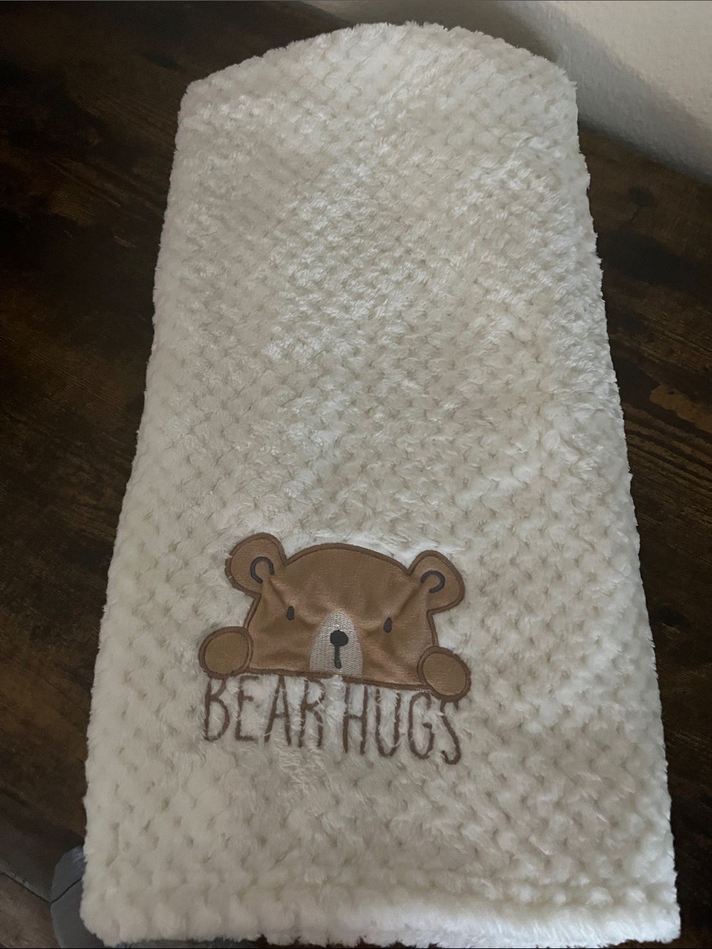 Bear Hugs Plush Baby Blanket - Cream with Brown Bear Patch